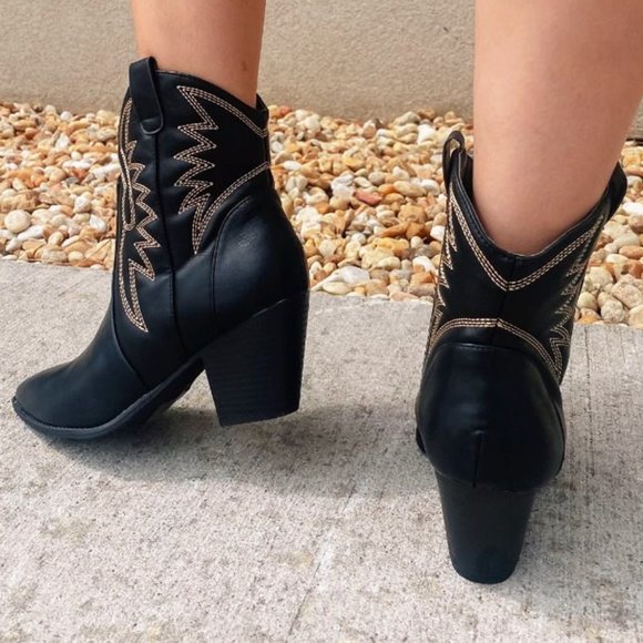 NEW Black Pointy Toe Block Heel Western Stitch Embroidery PU Leather Ankle Boots - Picture 4 of 10